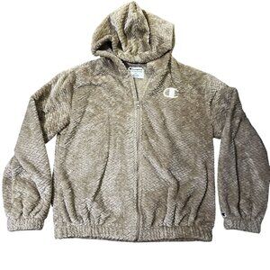 NWOT Champion Tan Hooded Zip-Up Jacket Athletic Fuzzy Soft Fleece Full Zip Logo